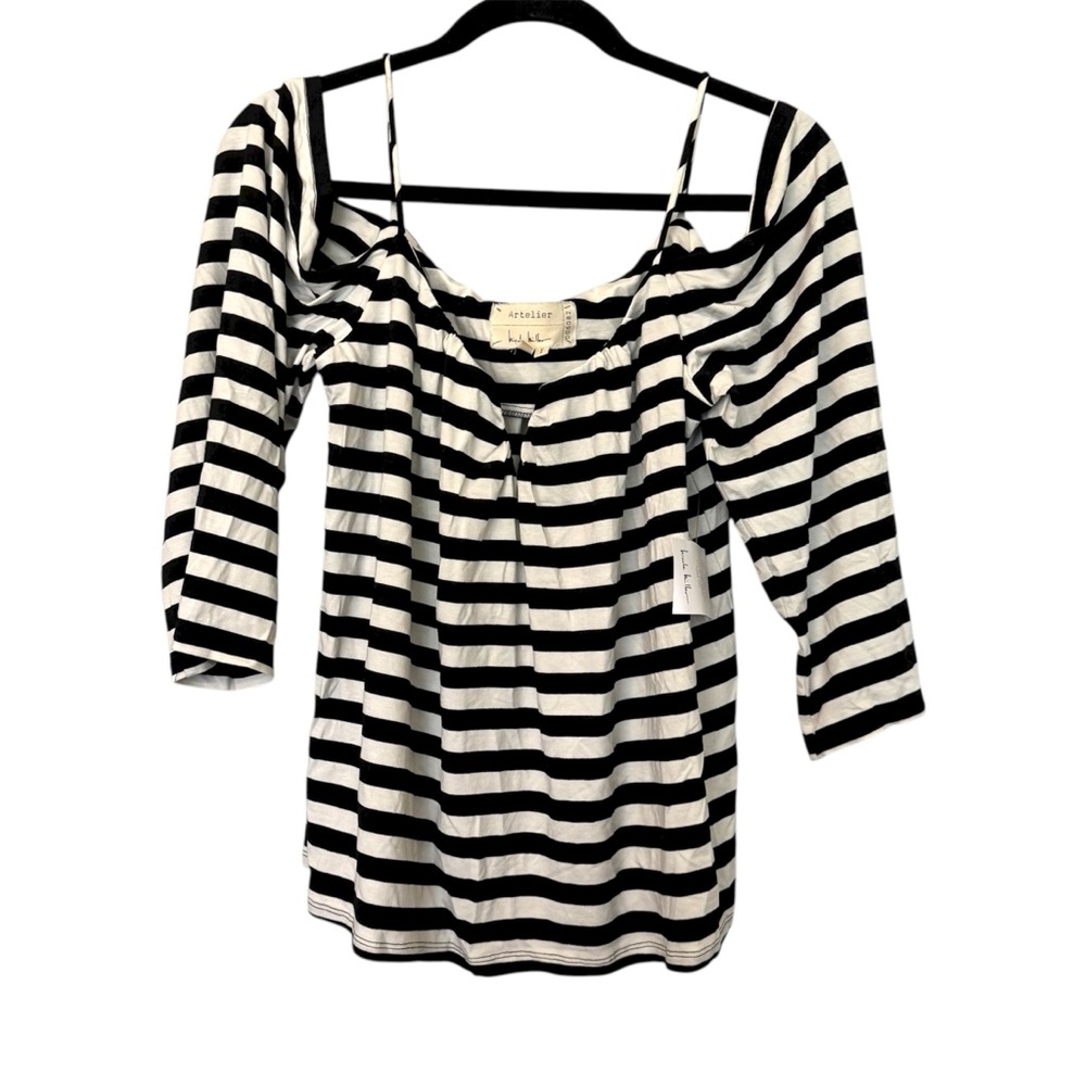 Artelier Nicole Miller Striped Shoulder Cut-Out Top Black & White
